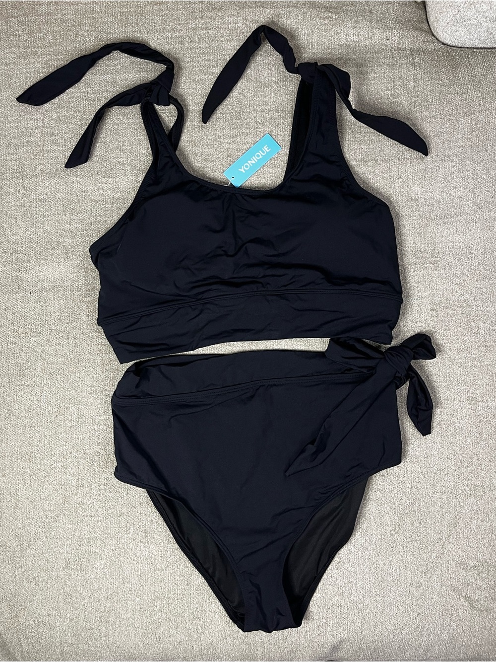 VONIQUE Black Tie-Shoulder High-Waist Bikini Set